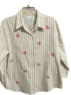 Alfred Dunner Cream and Pink-Sage Striped Button-Up Shirt